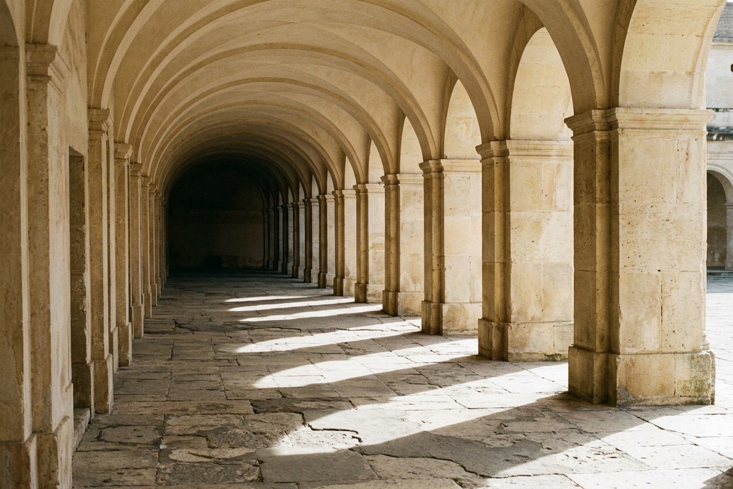 A long colonnade of round arches with afternoon light laid across a stone floor.