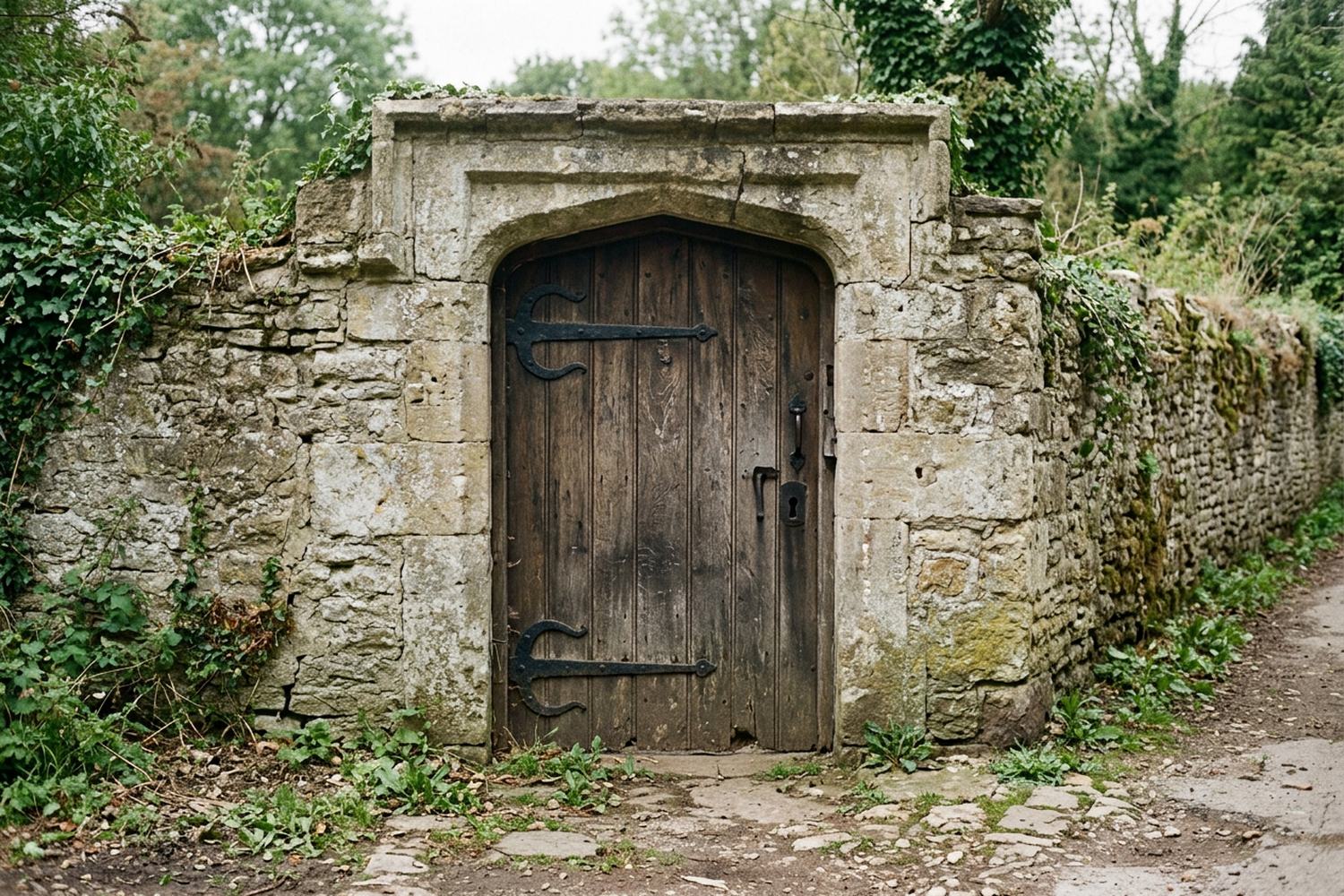 A heavy closed plank door set in a plain stone surround.
