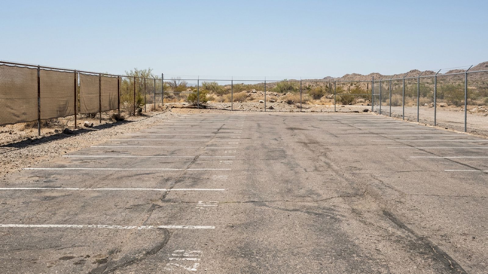 A completely empty asphalt parking lot in high summer with very short hard shadows, sun faded painted stall lines, a chain link fence and dry ground at the far edge and low mountains beyond, nobody present