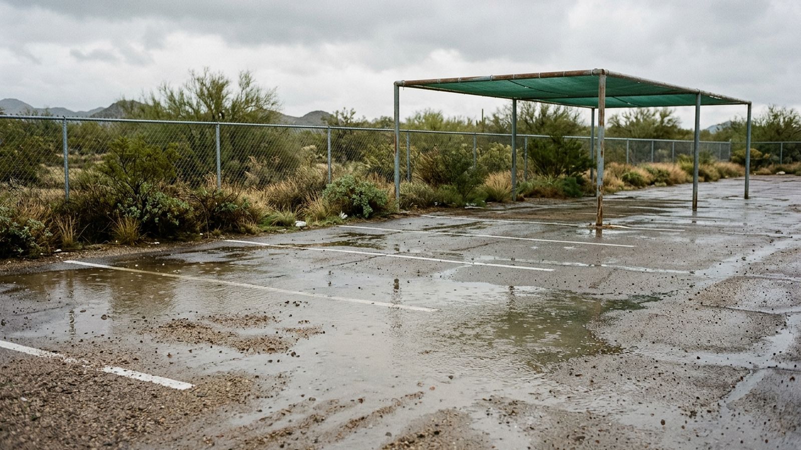 Shallow standing water and wet dust across a graded parking surface after heavy rain, painted stall lines visible through the water, low fence and dry brush at the edge, overcast sky, no vehicles, no people and no lettering