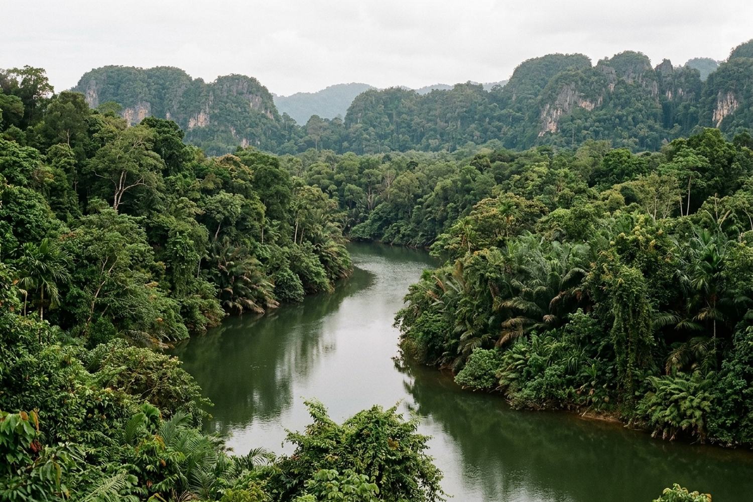 A slow green river winding through unbroken lowland forest toward limestone hills.
