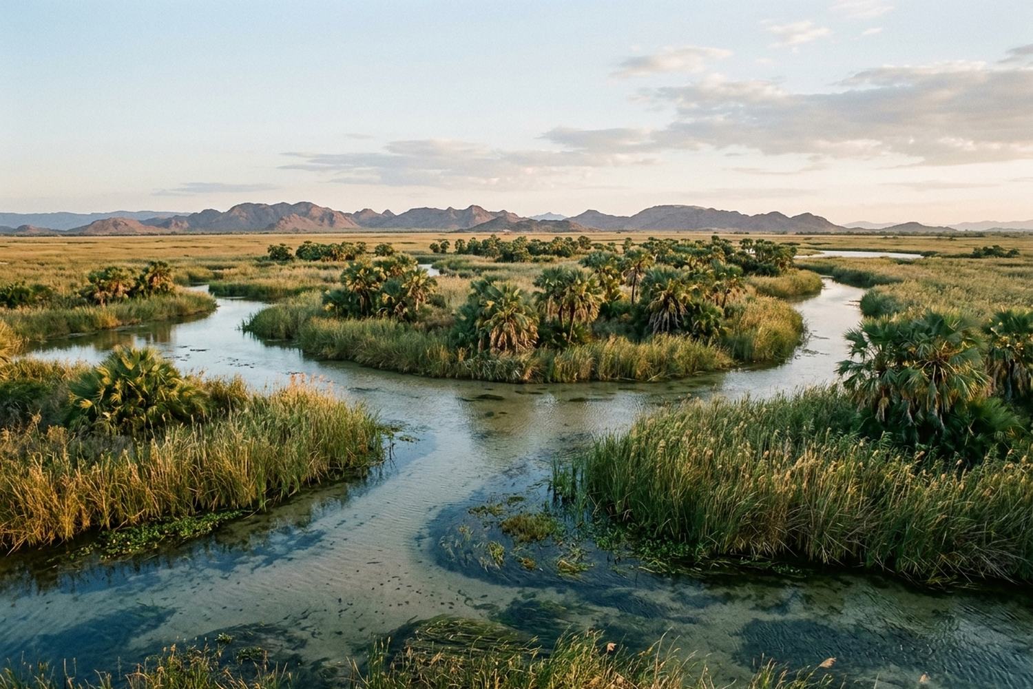 A floodplain of shallow channels between reed beds and islands of fan palms.