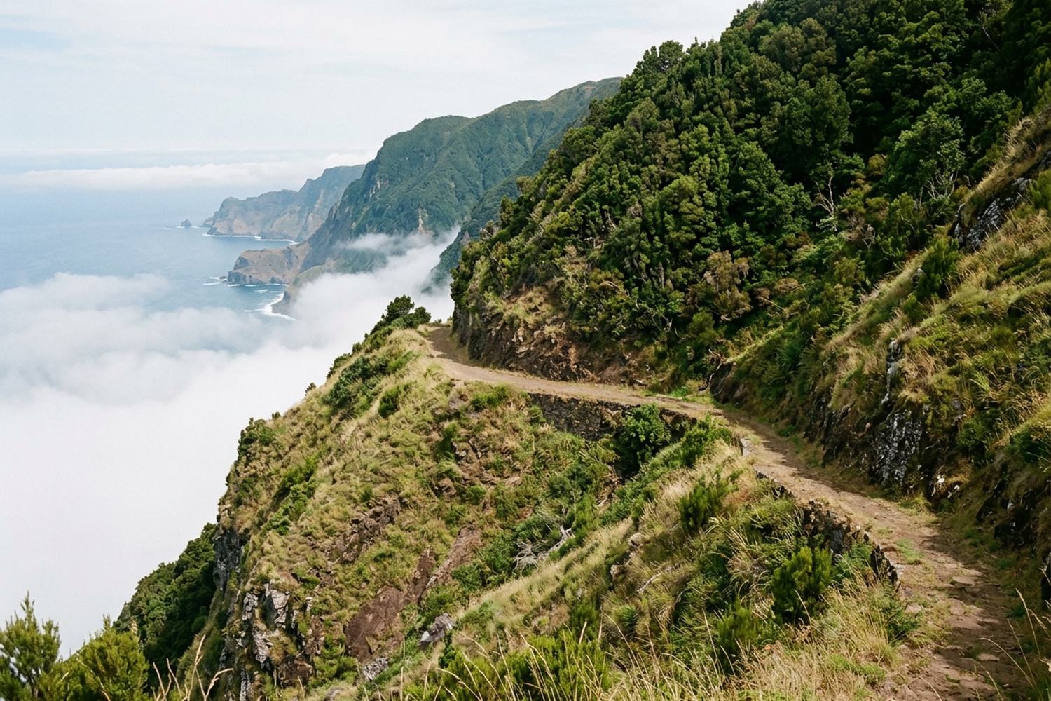 A level path cut along a steep green mountainside high above the Atlantic.