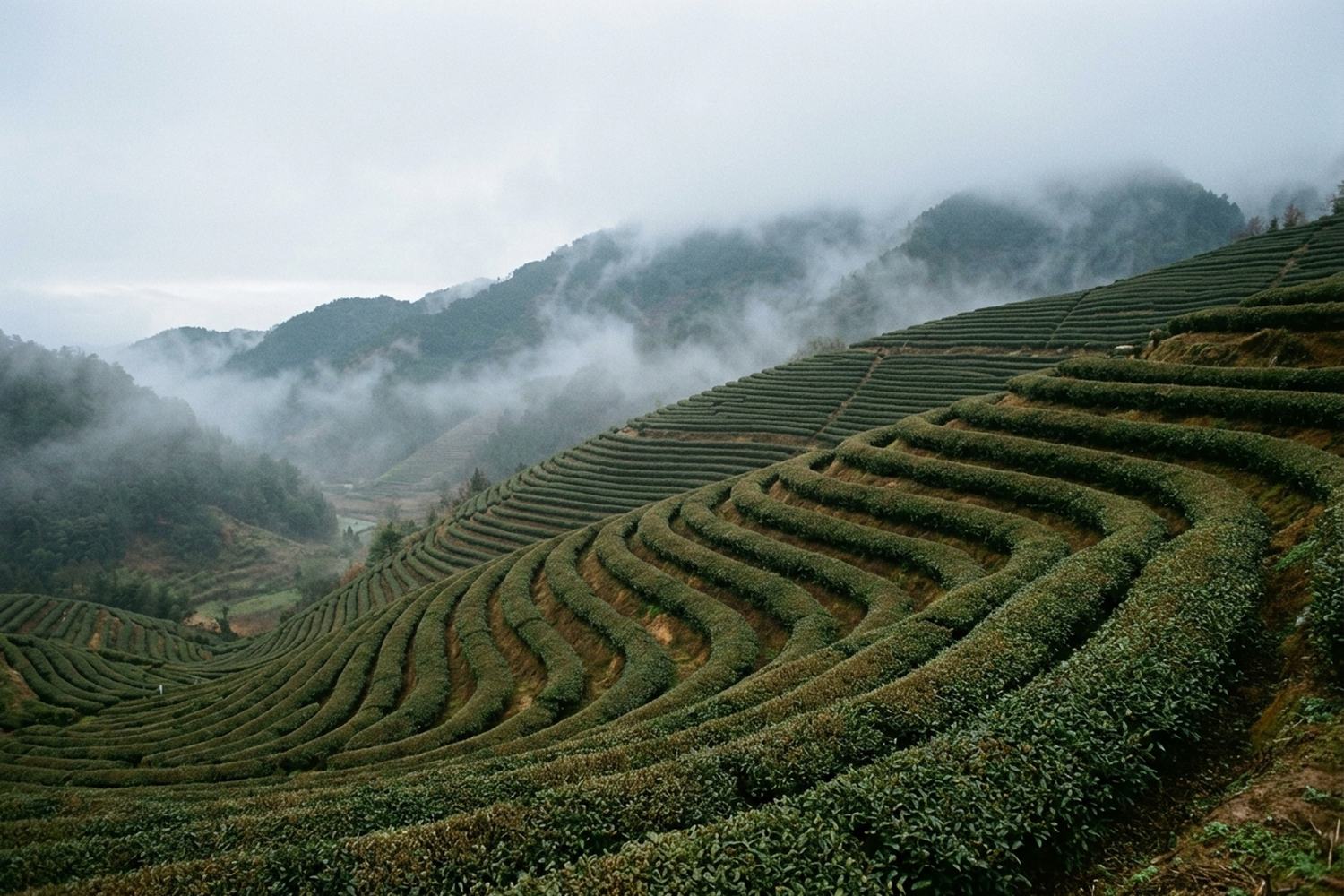 Steep tea terraces clipped into contour lines, stepping up into morning mist.